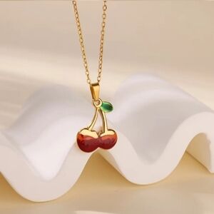18K Gold plated ombre Cherry Pendant Necklace in Gold and Red